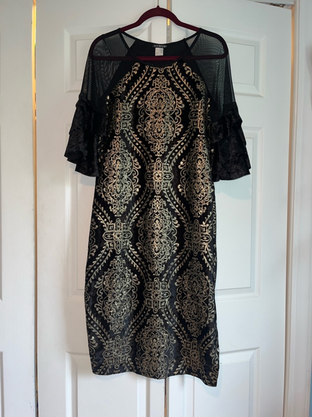 VENUS Black Midi Dress with Gold Lace-Style Filigree